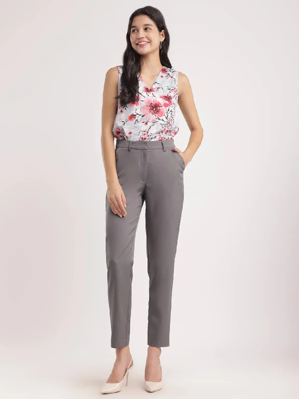 Windproof Pants for Women-Tapered Mid Rise Trousers - Grey