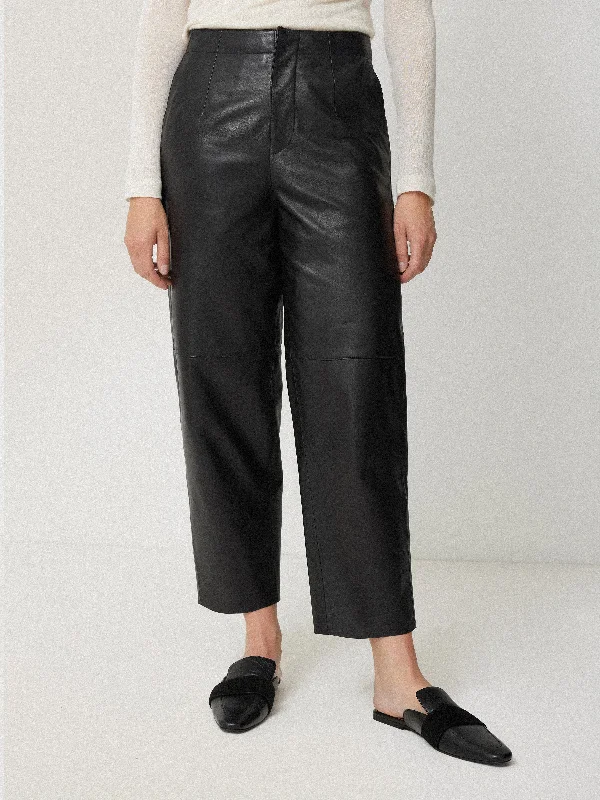 Casual Chic Pants for Women-Leather Barrel Leg Trouser | Black