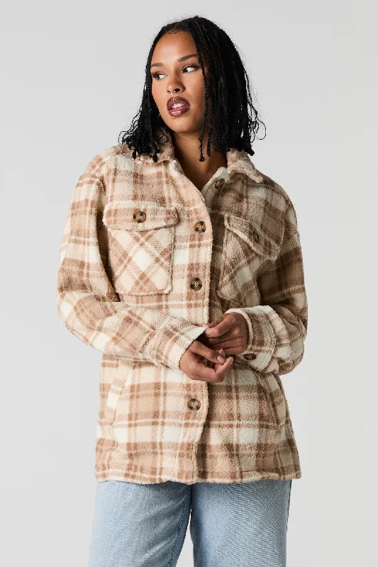 Tactical Jackets for Women-Plaid Sherpa Shacket