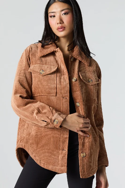 Training Jackets for Women-Faux Fur Collared Corduroy Shacket