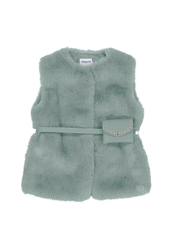 Luxury Jackets for Women-Mayoral Mini Girl Faux Fur Vest, Jade Green