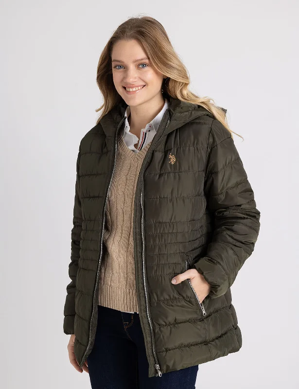 Summer Jackets for Women-HOODED PUFFER COAT WITH SLASH POCKETS