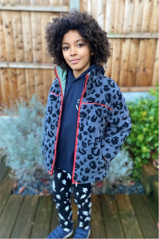 Fall Jackets for Women-Kids Reversible Quilted Khaki Lightning Bolt and Leopard Borg Coat