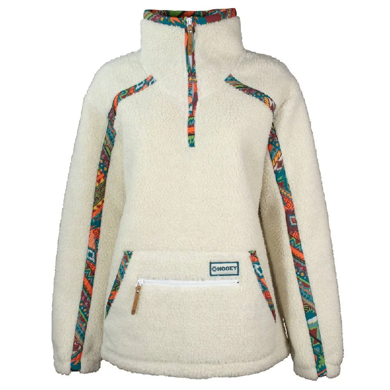 Bomber Jackets for Men-"Ladies Sherpa Pullover" Cream w/Multi Color Aztec Pattern Accents