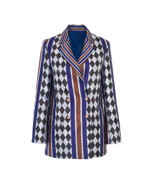 Trendy Jackets for Men-Freya Blue Checkmate Print Silk Jacquard Jacket