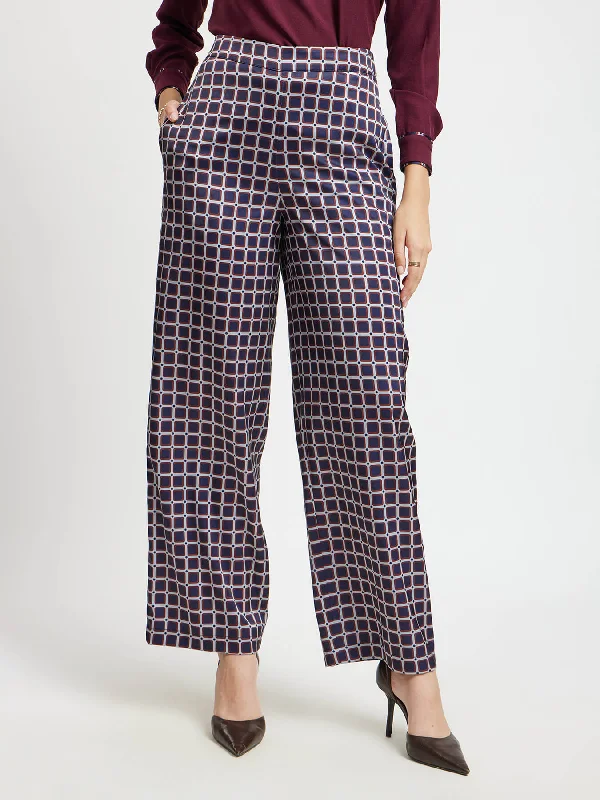 Camping Pants for Women-Satin Geometric Print Trousers - Navy And Maroon