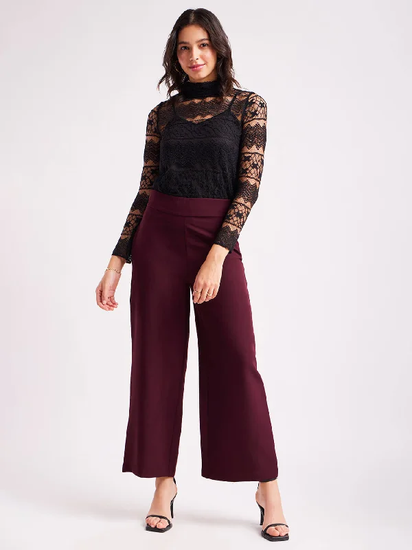 Sequin Pants for Women-High Waist Wide Leg Trousers - Maroon