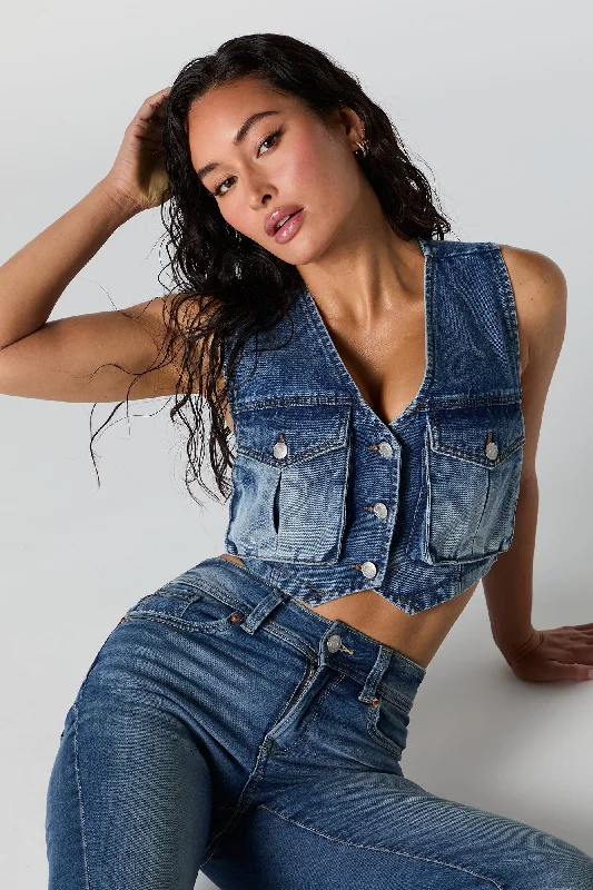 Down Jackets for Women-Denim Cargo Vest