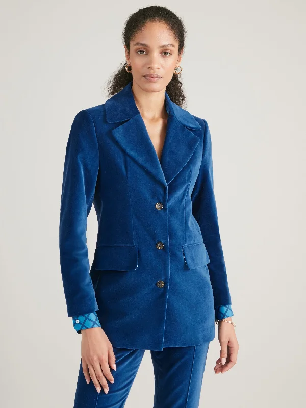 Sport Jackets for Women-Bianca Midnight Blue Single Breasted Velvet Jacket