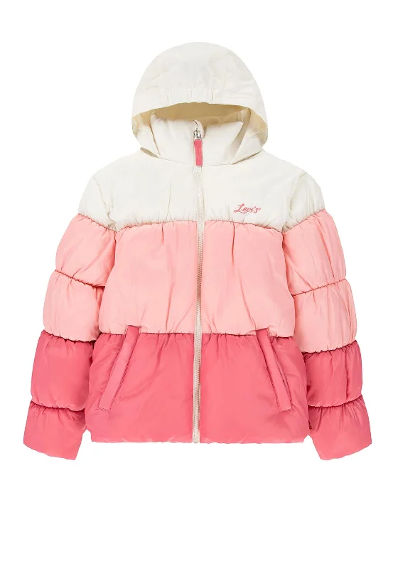 Fashion Jackets for Men-Levis Girls Hooded Colour Block Puffer Coat, Rapture Rose