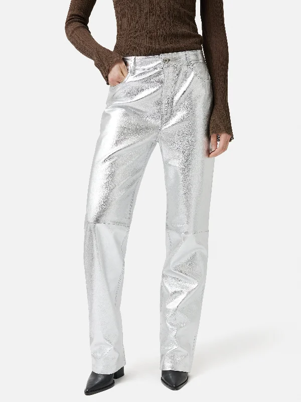 Bold Print Pants for Women-Leather Regent Jean | Silver