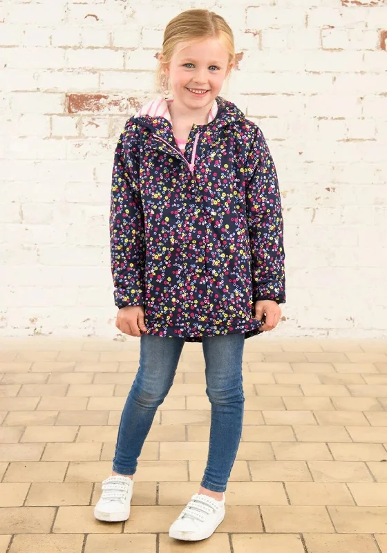 Team Jackets for Women-Little Lighthouse Girl Freya Floral Print Waterproof Coat, Navy