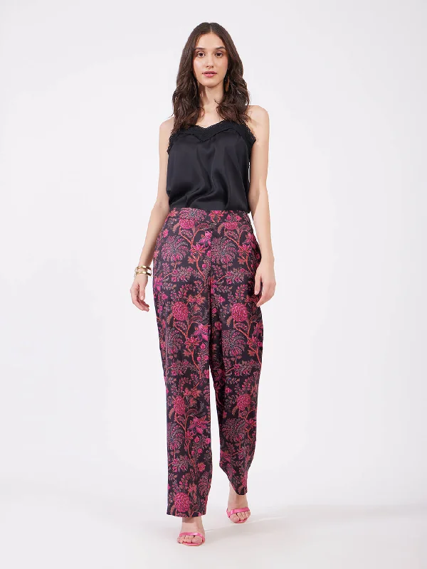 Office Pants for Women-Satin Floral Print Trousers - Pink And Black