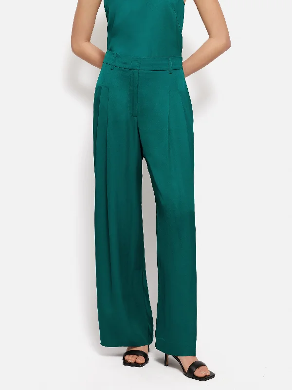 Bootcut Pants for Women-Satin Pleat Trouser | Green