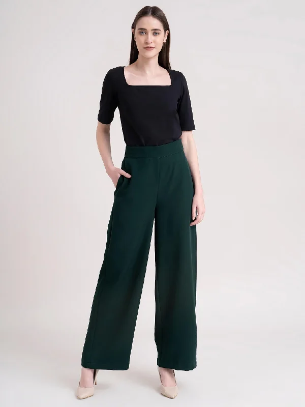 Soft Fabric Pants for Men-Elasticated Wide Leg Trouser - Bottle Green