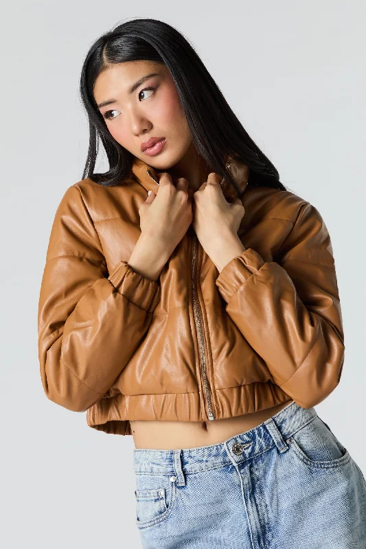 Bomber Jackets for Women-Faux Leather Puffer Jacket