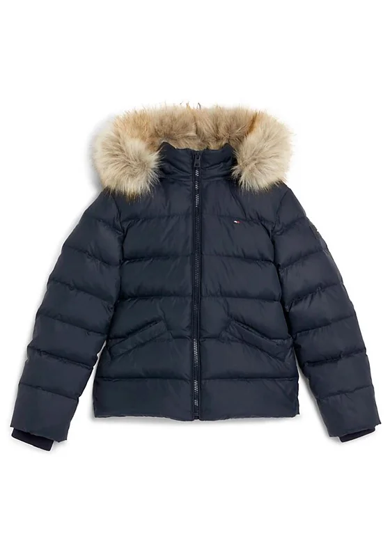 Stylish Jackets for Women-Tommy Hilfiger Girls Essential Down Fur Puffer Jacket, Desert Sky