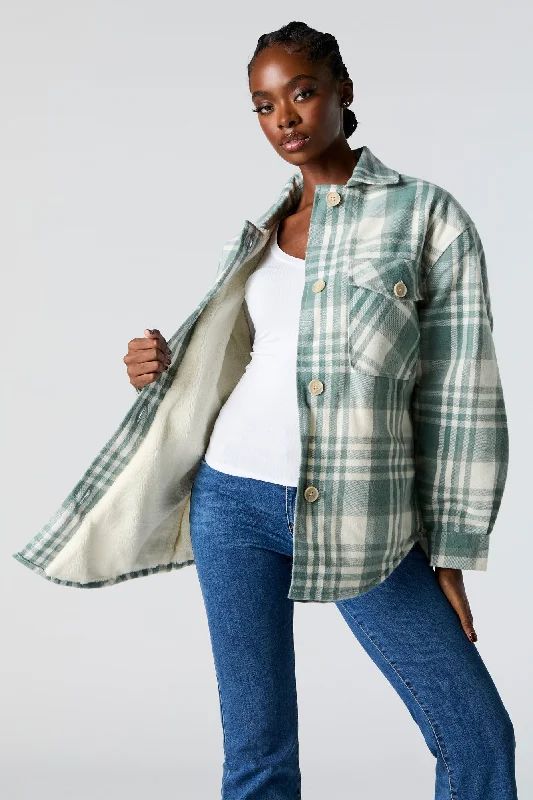 New Year Jackets for Women-Sherpa Lined Plaid Flannel Shacket