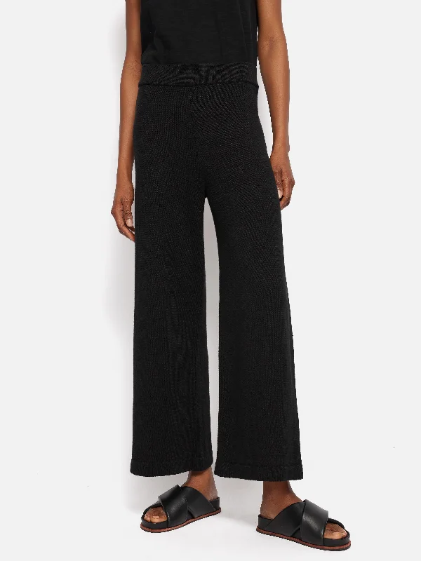 Flared Pants for Women-Linen Cotton Knitted Trouser | Black