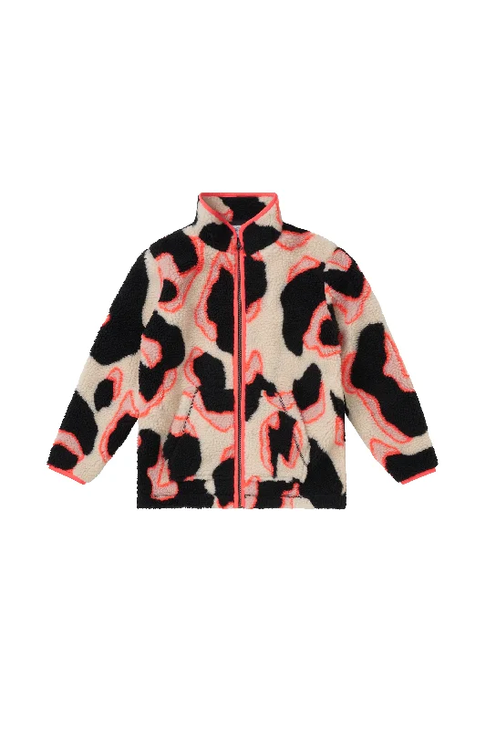 Winter Jackets for Women-Kids Cream with Coral and Black Mega Shadow Leopard Button Through Fleece Jacket