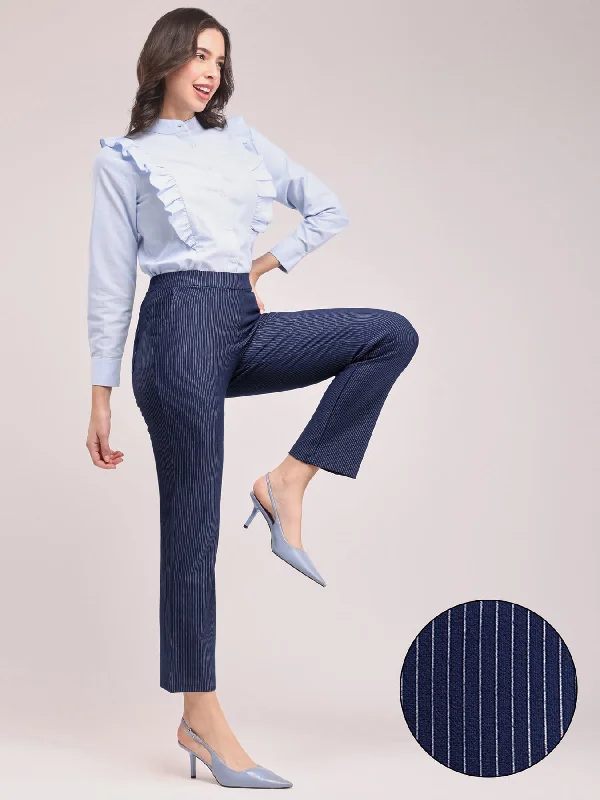 Checkered Pants for Women-LivIn Striped Bootcut Pants - Navy