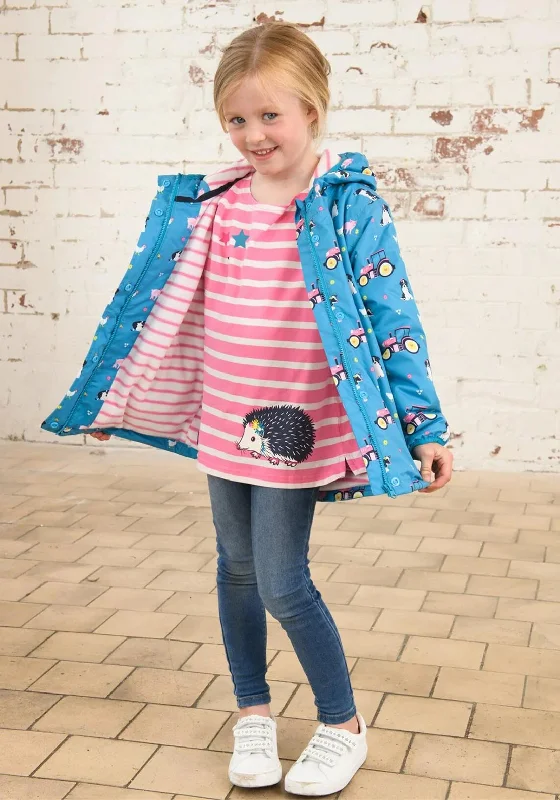 Racing Jackets for Women-Little Lighthouse Girl Freya Farm Print Waterproof Coat, Blue