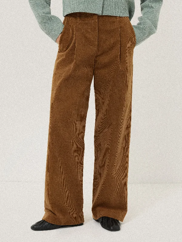 Cargo Pants for Women-Corduroy Pleat Trouser | Brown