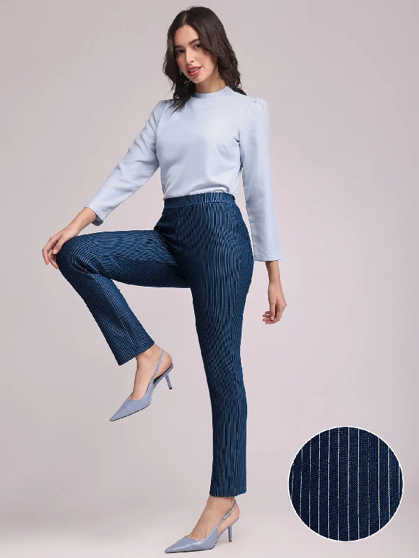 Tapered Pants for Women-LivIn Striped Straight Pants - Navy