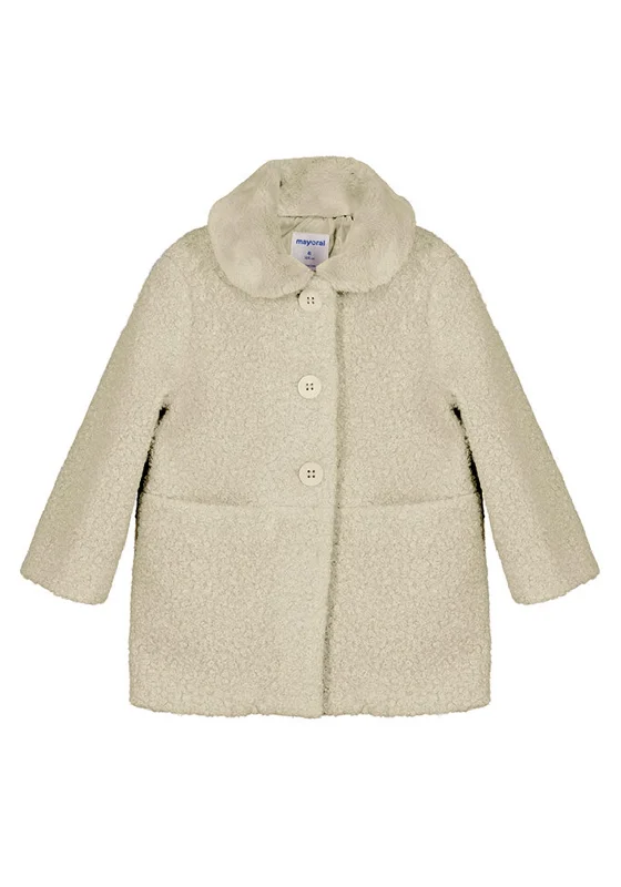 College Jackets for Women-Mayoral Girl Long Sleeve Shearling Coat, Cream