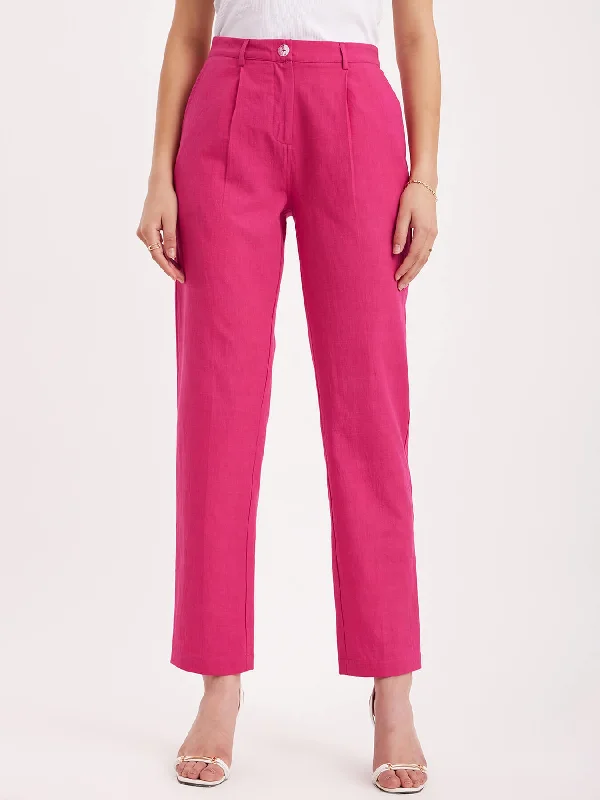 Korean Style Pants for Men-Linen Straight Fit Trousers - Fuchsia