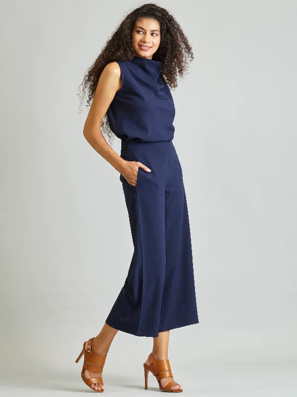 Straight Leg Pants for Women-Side Zipper Culottes - Navy