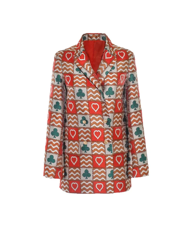 Elegant Jackets for Women-Freya Red Patchwork Print Silk Jacquard Jacket