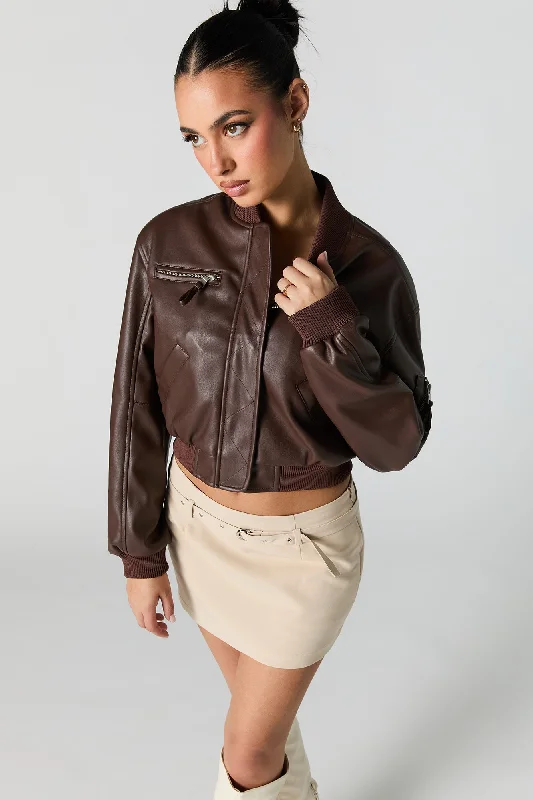 Military Jackets for Men-Faux Leather Cropped Bomber Jacket