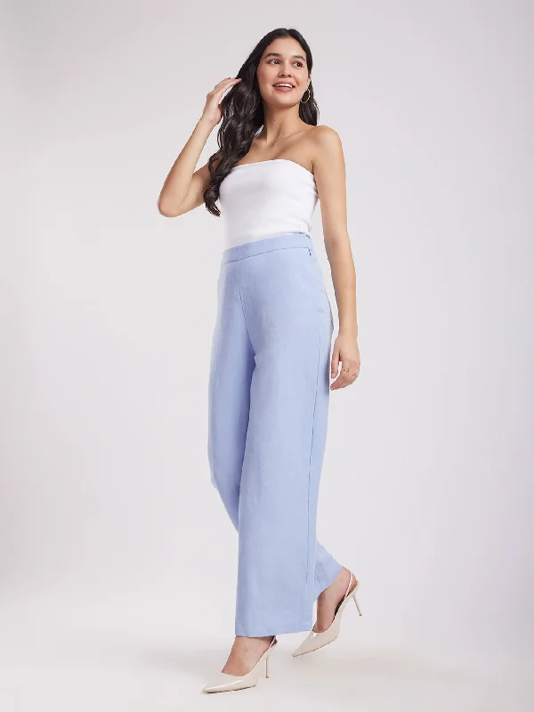 Theater Pants for Women-Linen Elasticated Wide Leg Trouser - Light Blue