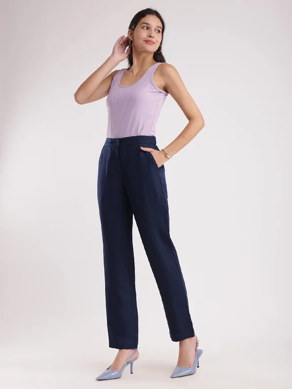 Cosplay Pants for Women-Linen Elasticated Straight Trouser - Navy Blue