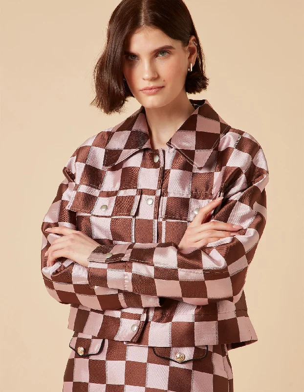 Vintage Jackets for Women-Dylan Pink Brown Puzzle Print Silk Jacquard Cropped Jacket