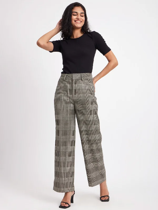 Monochrome Pants for Women-Plaid Straight Fit Plaids Pants - Black and Beige