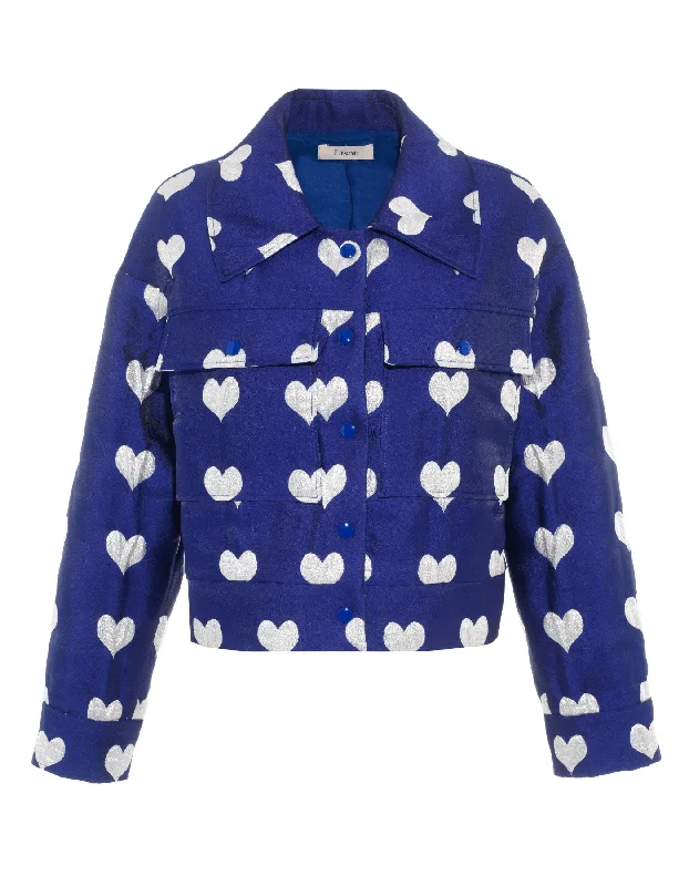 Indie Jackets for Women-Dylan Blue Heart Print Silk Jacquard Cropped  Jacket