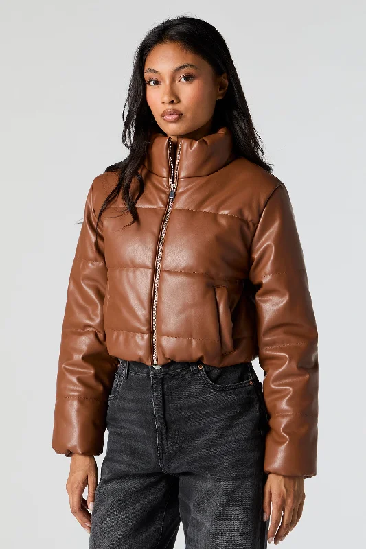 Heavy Jackets for Men-Faux Leather Cropped Puffer Jacket