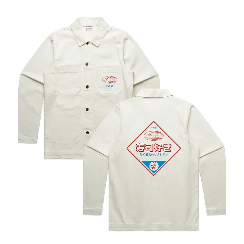 Halloween Jackets for Women-A Thousand Futures 'Tsukiji ' Chore Jacket - Vintage White Denim