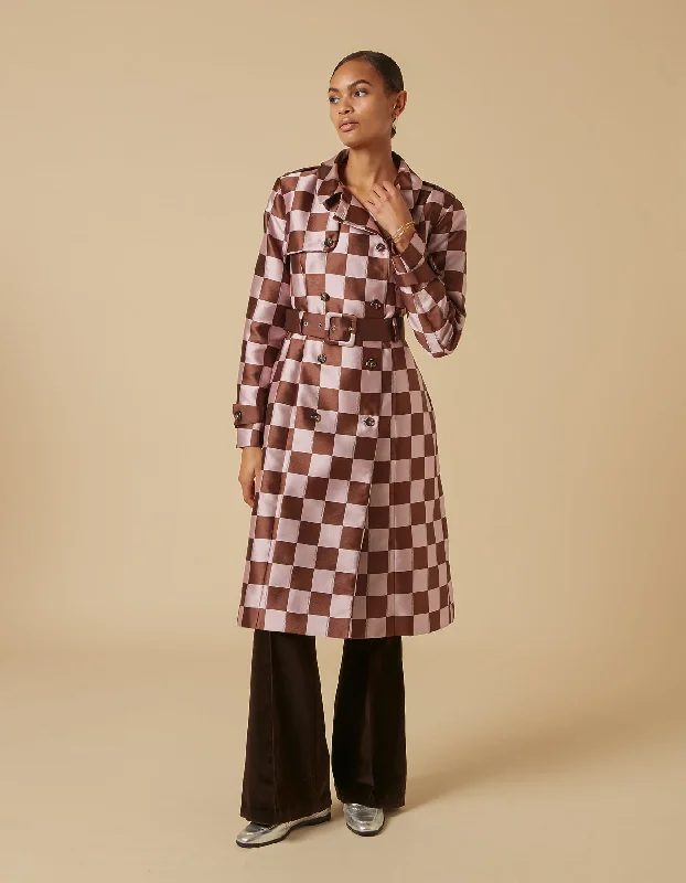 Retro Jackets for Women-Emily Pink Brown Puzzle Print Trench Coat