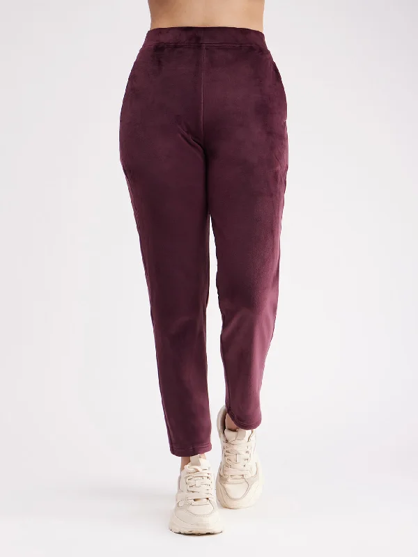 Straight Leg Pants for Women-High Rise Fleece Trackpants - Maroon