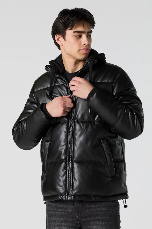 Branded Jackets for Men-Faux Leather Hooded Puffer Jacket