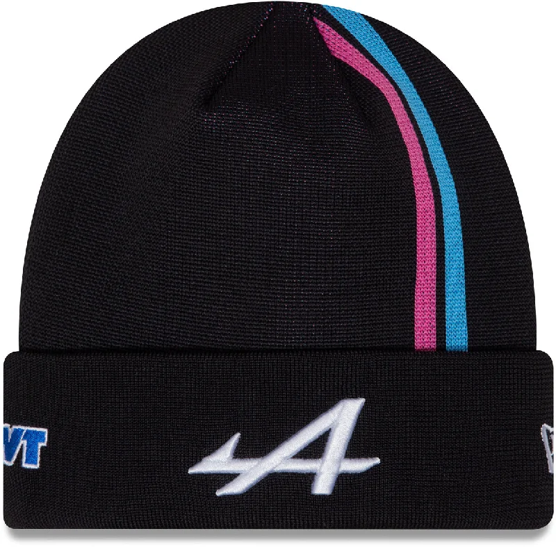 Suede Hat for Men-Alpine F1 New Era Esteban Ocon Driver Stripe Knit Beanie