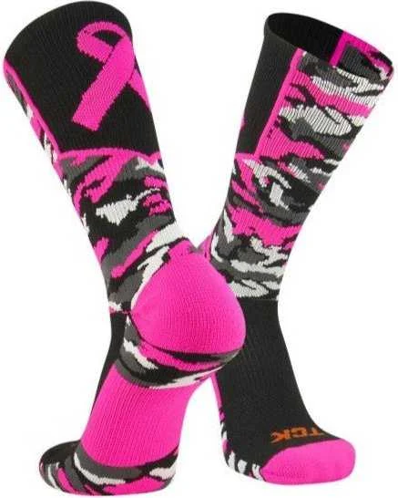 Crew Sock for Women-TCK Woodland Aware Breast Cancer Ribbon Crew Socks - Black Hot Pink