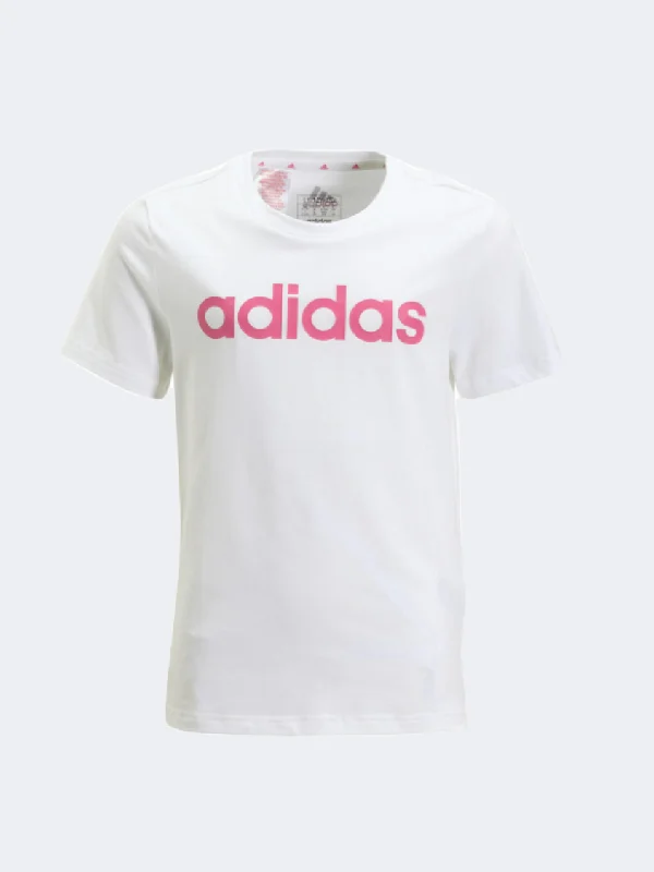 Quick Dry T-Shirt for Women-Adidas Linear Kids-Girls Sportswear T-Shirt White/Magenta