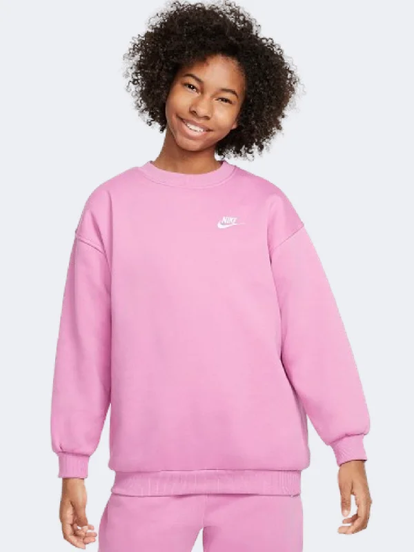 Long Sleeve Linen Shirts-Nike Sportswear Club Fleece Oversized Girls Lifestyle Sweatshirt Flamingo/White