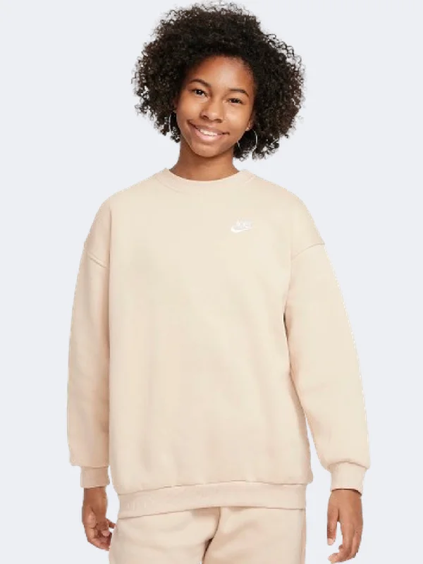 Long Sleeve Silk Shirts-Nike Sportswear Club Fleece Oversized Girls Lifestyle Sweatshirt Sanddrift/White