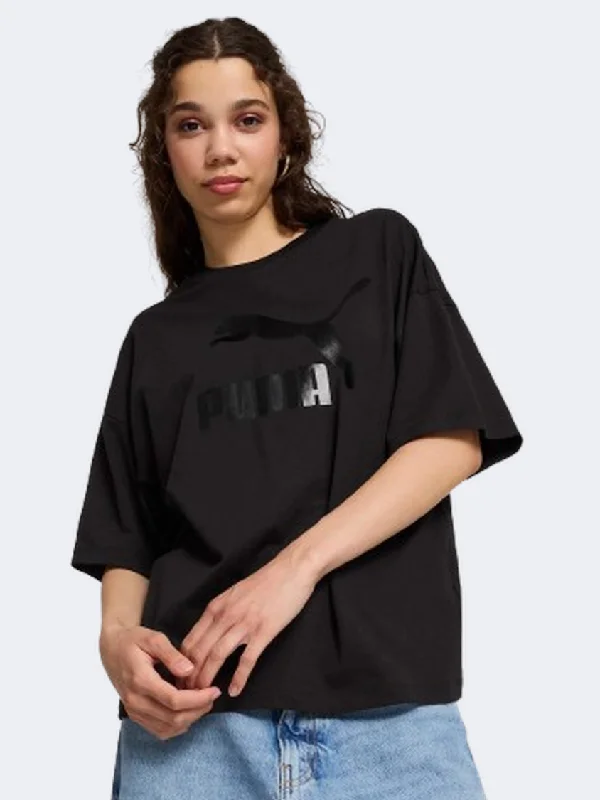 Tactical T-Shirt for Men-Puma Classics Oversize Shiny Logo Women Lifestyle T-Shirt Black