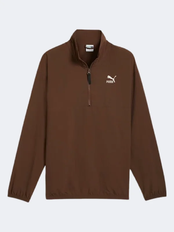 Long Sleeve Fleece Shirts-Puma Classics Woven Relaxed Men Lifestyle Sweatshirt Espresso Brown